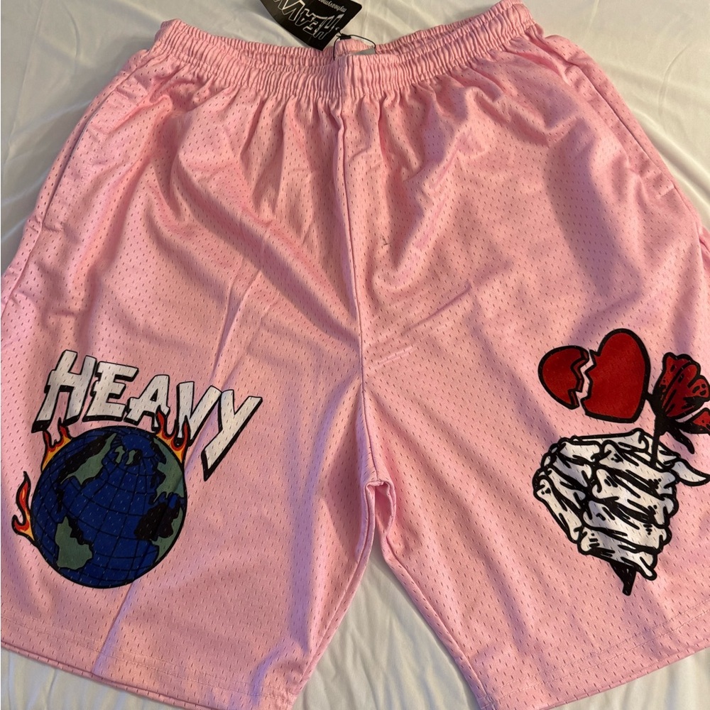 Pink Graphic Shorts with Earth and Heart Design